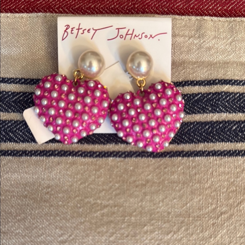 Betsey Johnson Fuchsia Heart Earrings with Pearls